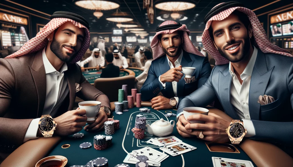 At a card table, three handsome Arab men in expensive Arab suits are sitting, each with an expensive watch on his right hand, at a poker table in a ca